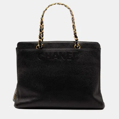 Pre-owned Chanel Black Caviar Logo Chain Tote
