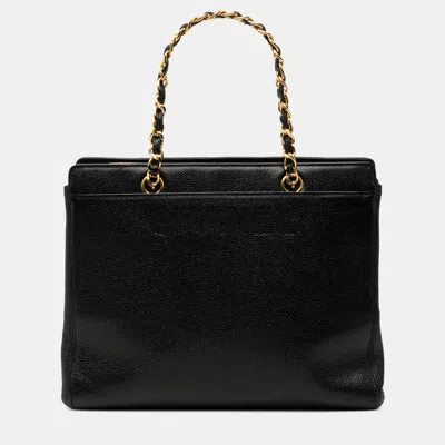 Pre-owned Chanel Black Caviar Logo Chain Tote