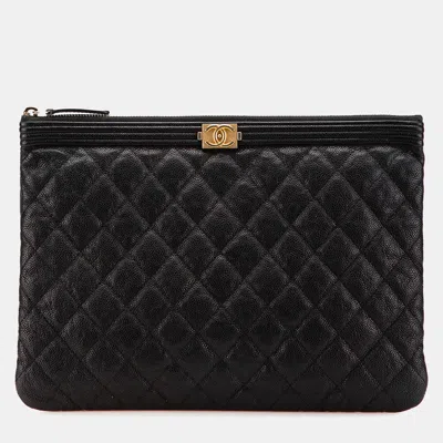Pre-owned Chanel Black Medium Quilted Caviar Boy O Case Clutch