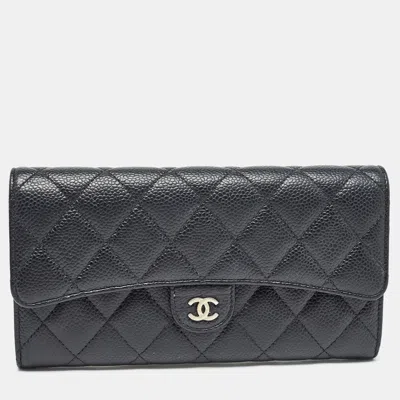 Pre-owned Chanel Black Caviar Quilted Leather Classic L Flap Wallet