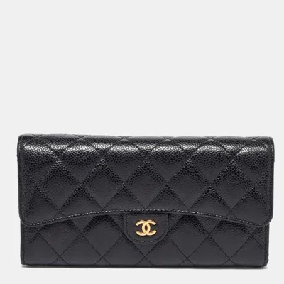 Pre-owned Chanel Black Caviar Quilted Leather Classic Long Flap Wallet