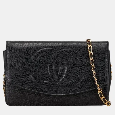 Pre-owned Chanel Black Caviar Skin Leather Coco Mark Chain Wallet