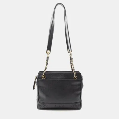 Pre-owned Chanel Black Caviar Skin Leather Coco Mark Triple Chain Tote Bag