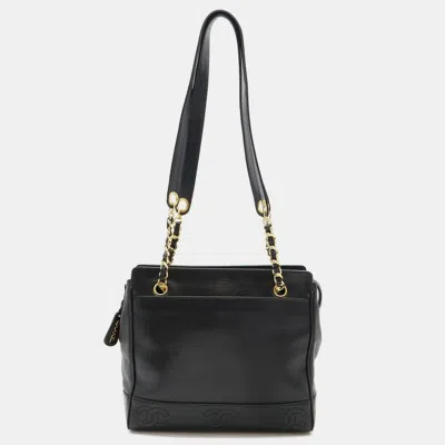 Pre-owned Chanel Black Caviar Skin Leather Coco Mark Triple Chain Tote Bag
