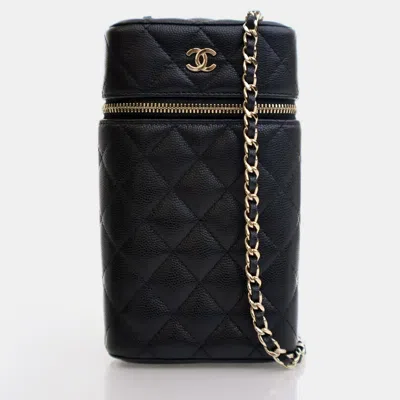 Pre-owned Chanel Black Caviar Vanity Phone Holder With Chain