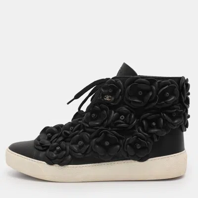 Pre-owned Chanel Black Cc Camellia Lace High Top Sneakers Size 40
