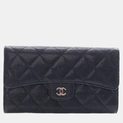 Pre-owned Chanel Black Cc Caviar Classic Long Flap Wallet