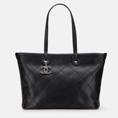 Pre-owned Chanel Black Cc Caviar Wild Stitch On The Road Tote