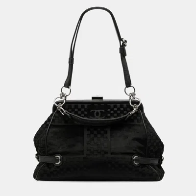 Pre-owned Chanel Black Cc Check Embossed Velvet Belted Side Frame Bag