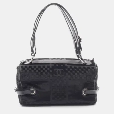 Pre-owned Chanel Black Cc Check Embossed Velvet Belted Side Shoulder Bag