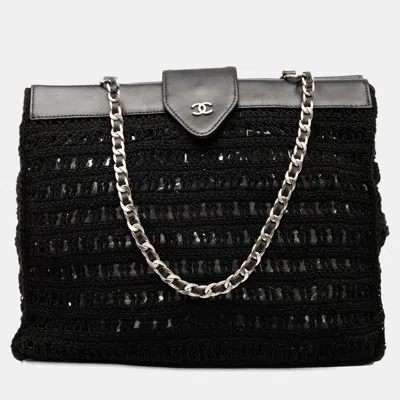 Pre-owned Chanel Black Cc Crochet Raffia Chain Tote