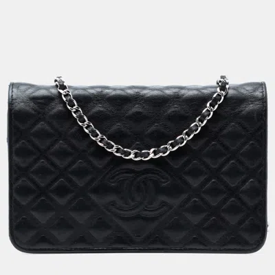 Pre-owned Chanel Black Cc Embossed Lambskin Diamond Wallet On Chain