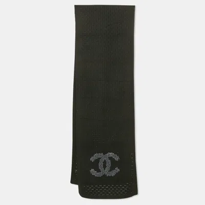 Pre-owned Chanel Black Cc Embroidered Cashmere Knit Scarf