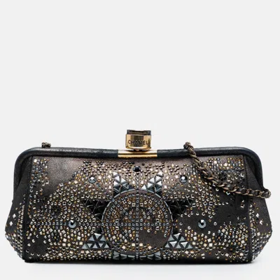 Pre-owned Chanel Black Cc Glitter Lambskin Studded Frame Clutch On Chain