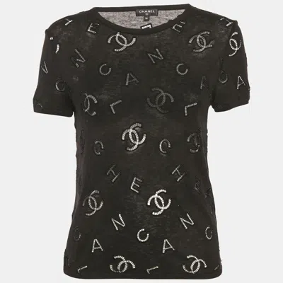 Pre-owned Black Cc Logo Embroidered Eyelet Cotton Blend Short Sleeve T-shirt S from The Luxury Closet