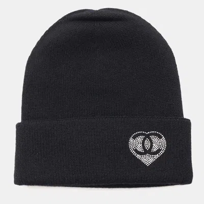 Pre-owned Chanel Black Cashmere Rhinestone Cc Logo Heart Motif Knit Cap