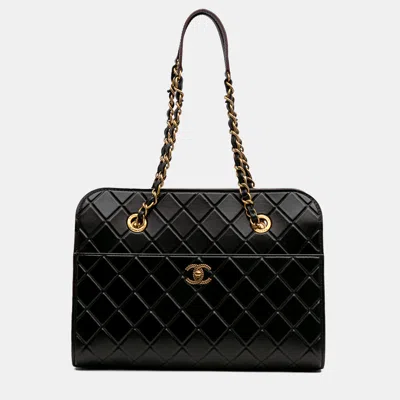 Pre-owned Chanel Black Cc Quilted Calfskin Front Pocket Shopping Tote