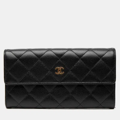 Pre-owned Chanel Black Cc Quilted Caviar Flap Long Wallet