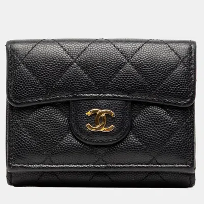 Pre-owned Chanel Black Cc Quilted Caviar Flap Trifold Wallet