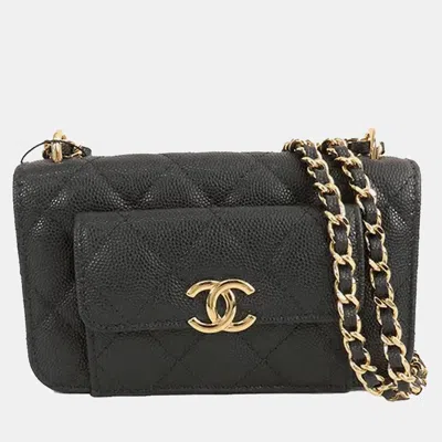 Pre-owned Chanel Black Cc Quilted Caviar Pocket Twins Clutch With Chain