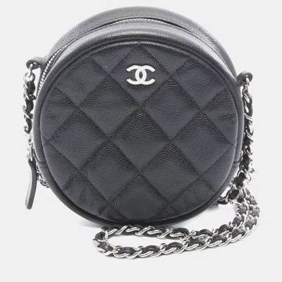 Pre-owned Chanel Black Cc Quilted Caviar Round Clutch With Chain