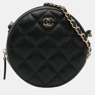 Pre-owned Chanel Black Cc Quilted Caviar Round Clutch With Chain