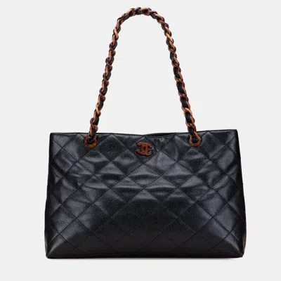 Pre-owned Chanel Black Cc Quilted Caviar Tortoise Chain Tote