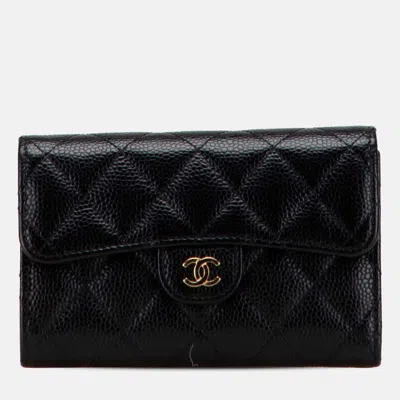 Pre-owned Chanel Black Cc Quilted Caviar Trifold Flap Wallet
