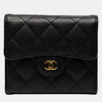Pre-owned Chanel Black Cc Quilted Caviar Trifold Wallet