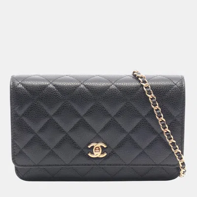 Pre-owned Chanel Black Cc Quilted Caviar Wallet On Chain
