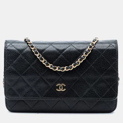 Pre-owned Chanel Black Cc Quilted Caviar Wallet On Chain