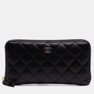 Pre-owned Chanel Black Cc Quilted Caviar Zip Around Long Wallet
