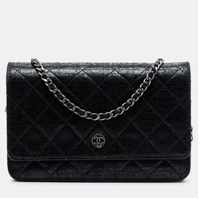 Pre-owned Chanel Black Cc Quilted Crinkled Patent Wallet On Chain