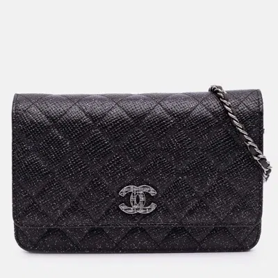 Pre-owned Chanel Black Cc Quilted Glittered Calfskin Wallet On Chain