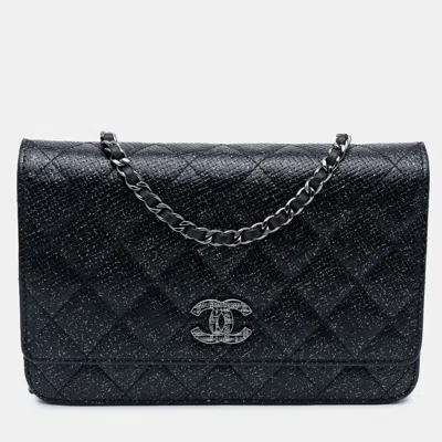 Pre-owned Chanel Black Cc Quilted Glittered Calfskin Wallet On Chain