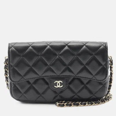 Pre-owned Chanel Black Cc Quilted Lambskin Flap Phone Holder Wallet On Chain