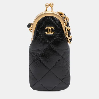 Pre-owned Chanel Black Cc Quilted Lambskin Lipstick Case On Chain