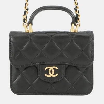Pre-owned Chanel Black Cc Quilted Lambskin Top Handle Flap Coin Purse With Chain