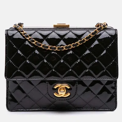 Pre-owned Chanel Black Cc Quilted Patent Frame Flap