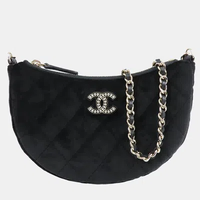 Pre-owned Chanel Black Cc Quilted Velour Half Moon Chain Crossbody