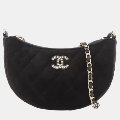 Pre-owned Chanel Black Cc Quilted Velour Half Moon Chain Crossbody
