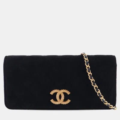 Pre-owned Chanel Black Cc Quilted Velvet East West Clutch On Chain