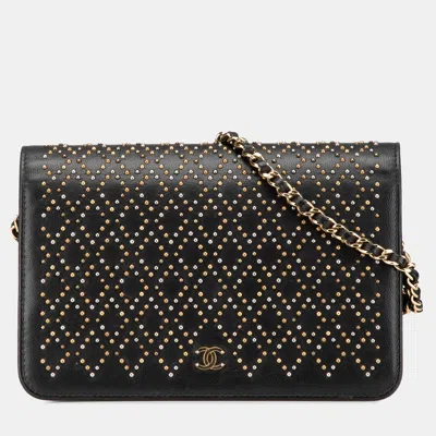 Pre-owned Chanel Black Cc Studded Lambskin Wallet On Chain