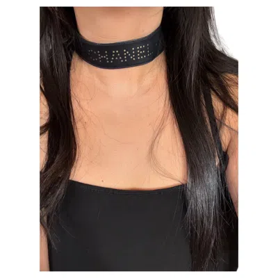 Pre-owned Chanel Black "" Leather Choker Necklace, Early 2000s