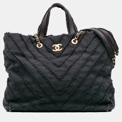 Pre-owned Chanel Black Chevron Canvas Cuba Patchwork Shopper Tote