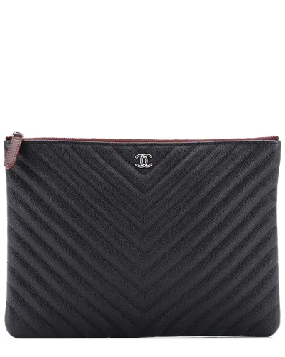 Pre-owned Chanel Black Chevron Caviar Leather O Case Clutch Medium (authentic Pre-loved)