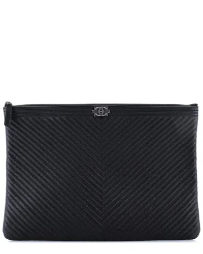 Pre-owned Chanel Black Chevron Lambskin Boy O Case Clutch Large (authentic Pre-loved)