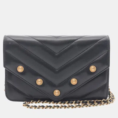 Pre-owned Chanel Black Chevron Lambskin Button Wallet On Chain