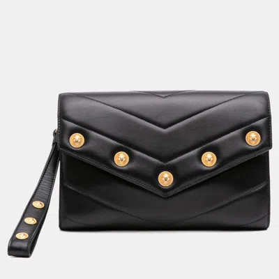 Pre-owned Chanel Black Chevron Lambskin Cc Medallion Button Flap Clutch