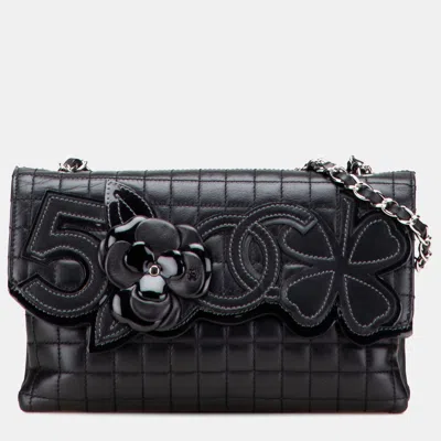 Pre-owned Chanel Black Choco Bar Calfskin No. 5 Camellia Cc Shoulder Bag